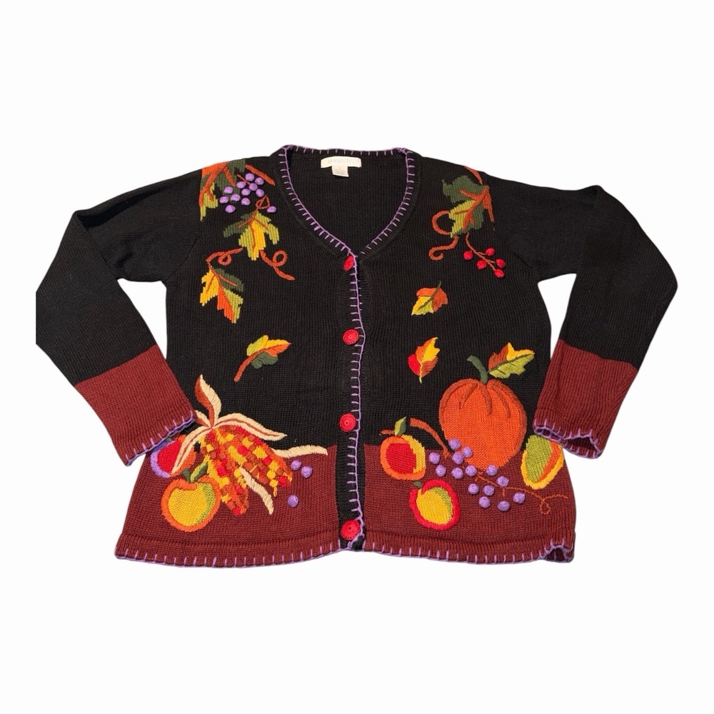 Vintage 90s Arriviste Size M Fall Harvest Cardigan 3D Embroidered Pumpkin Ramie - Picture 2 of 8